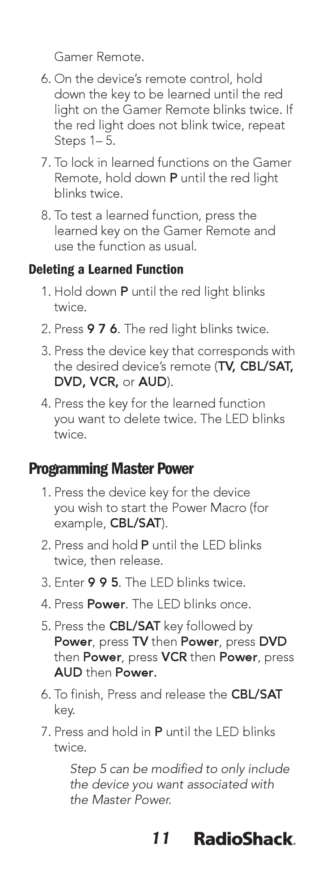 Radio Shack 15-133 manual Programming Master Power, Deleting a Learned Function 