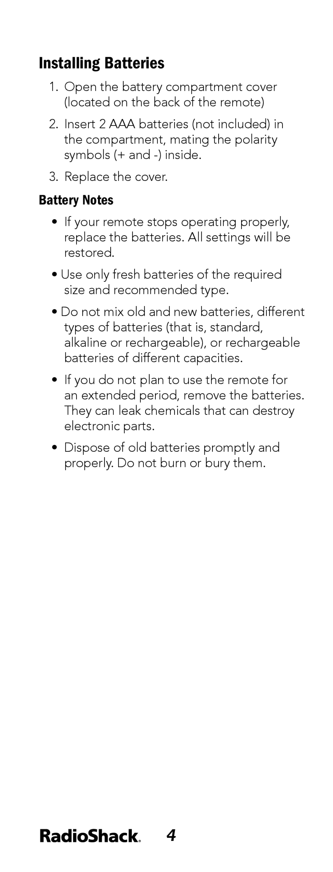 Radio Shack 15-133 manual Installing Batteries, Battery Notes 