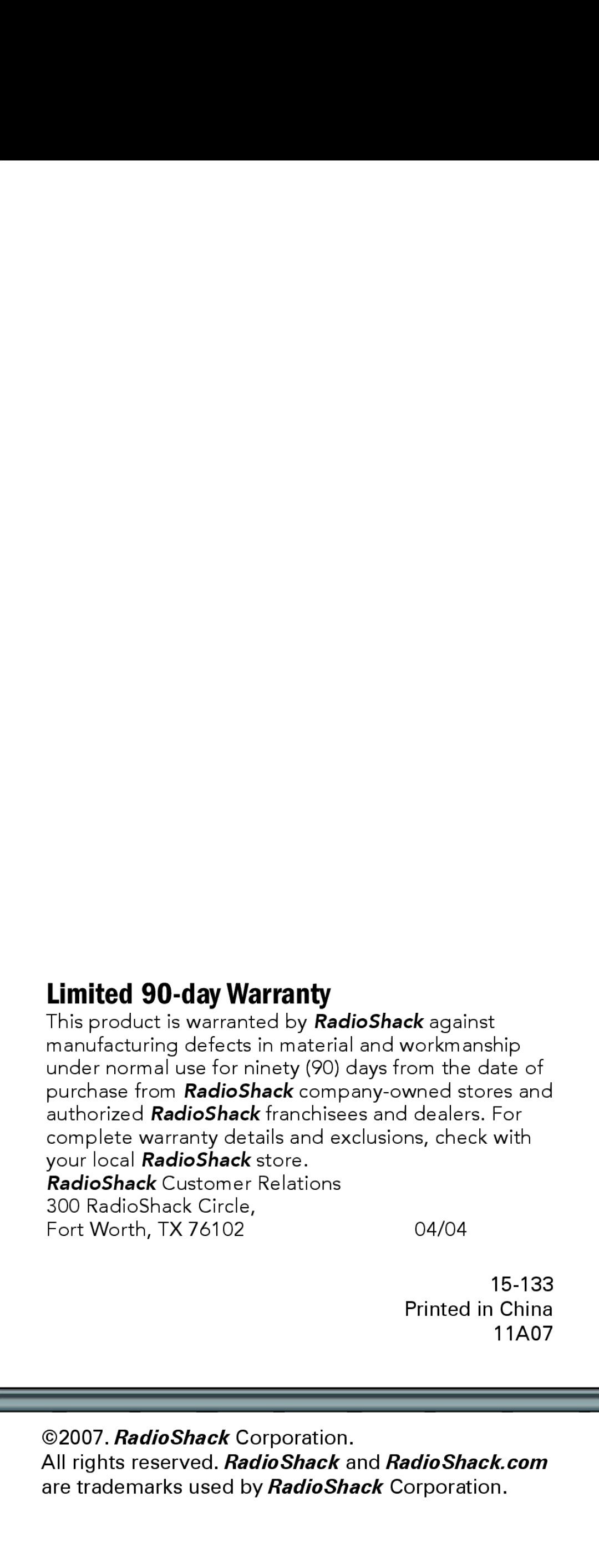 Radio Shack 15-133 manual Limited 90-day Warranty 