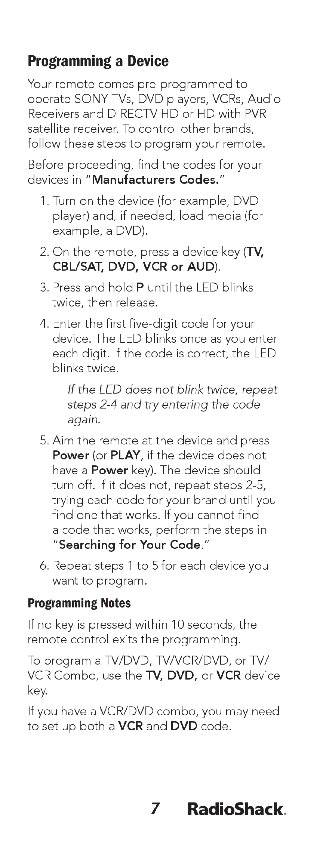 Radio Shack 15-133 manual Programming a Device, Programming Notes 