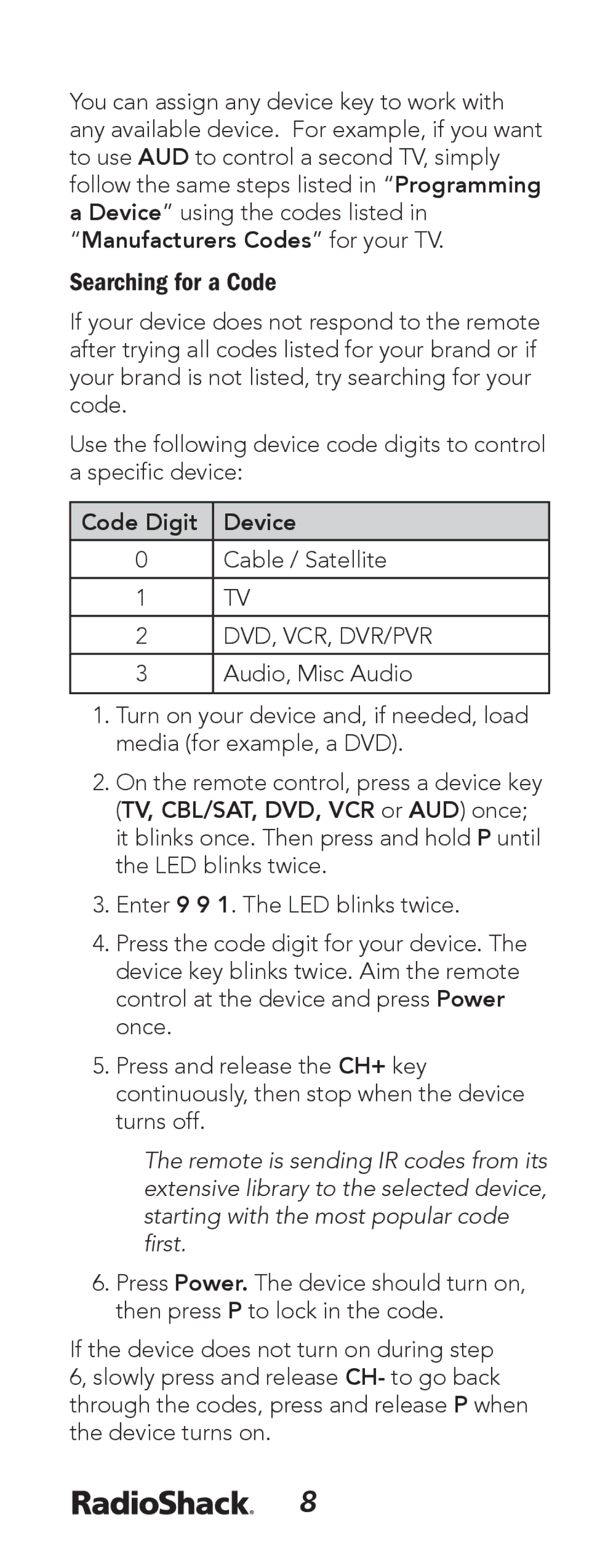 Radio Shack 15-133 manual Searching for a Code, Cable / Satellite 