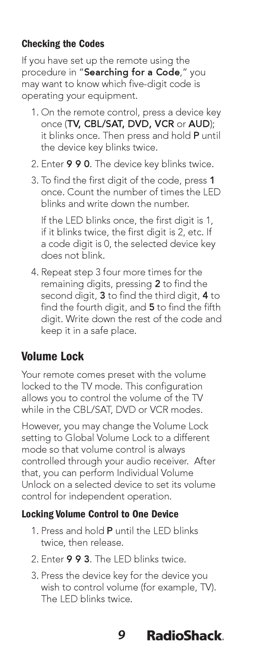 Radio Shack 15-133 manual Volume Lock, Checking the Codes, Locking Volume Control to One Device 