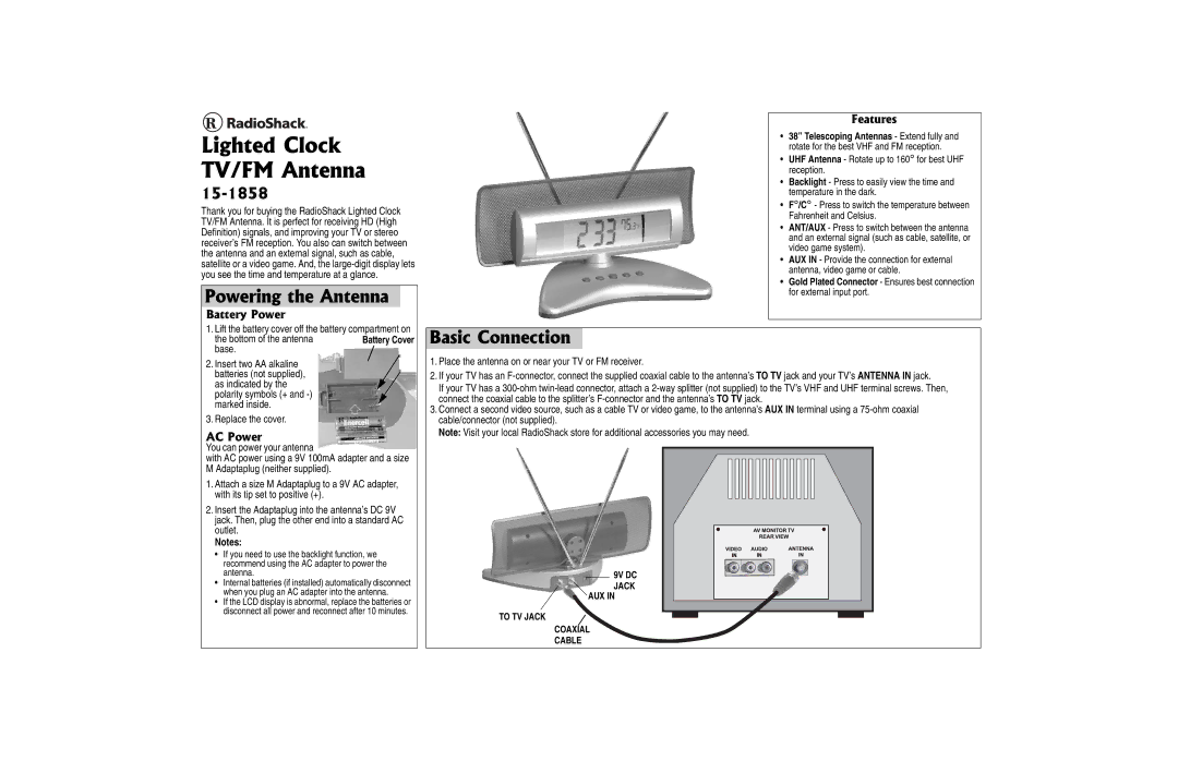 Radio Shack 15-1858 manual $Cuke%Qppgevkqp, $CVVGT2QYGT, Gcvwtgu 