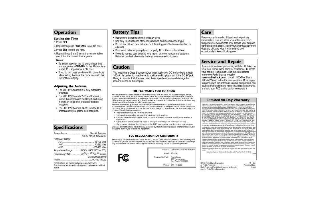 Radio Shack 15-1858 manual 1RGTCVKQP, 5RGEKHKECVKQPU, $CVVGT6KRU, Cwvkqp, Ctg, 5GTXKEGCPF4GRCKT 