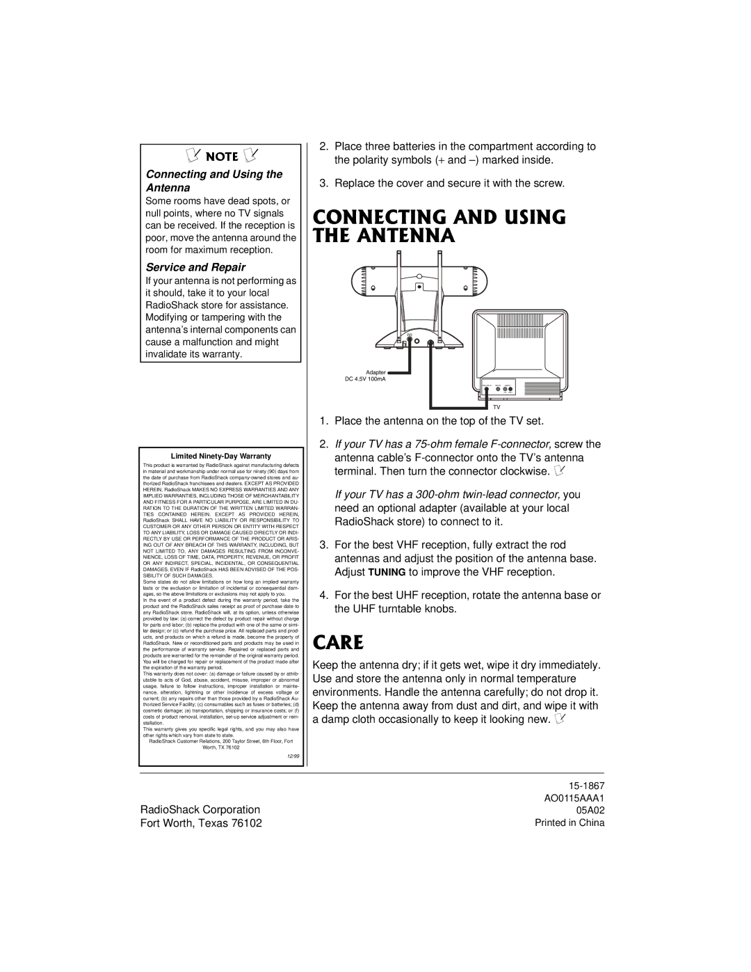 Radio Shack 15-1867 owner manual 100%6+0#0&75+0 6*#0600#, Connecting and Using the Antenna, Service and Repair 