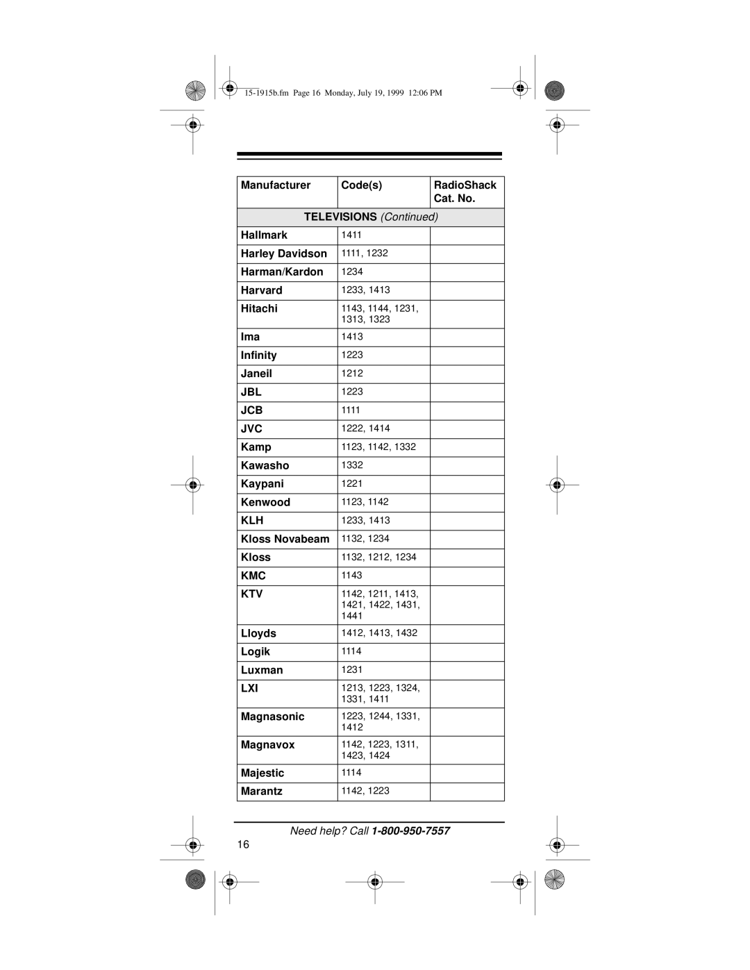 Radio Shack 15-1915B owner manual Jbl, Jcb, Jvc, Klh, Kmc, Ktv, Lxi 