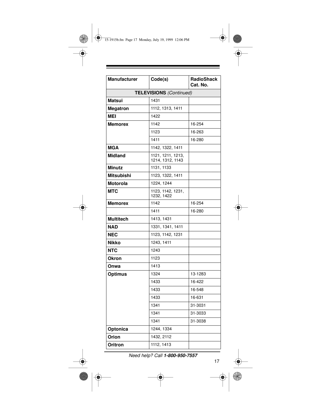 Radio Shack 15-1915B owner manual Mei, Mga, Mtc, Nad, Nec, Ntc 