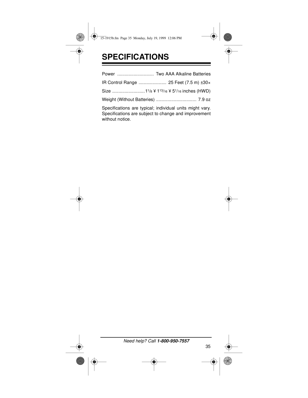 Radio Shack 15-1915B owner manual Specifications 