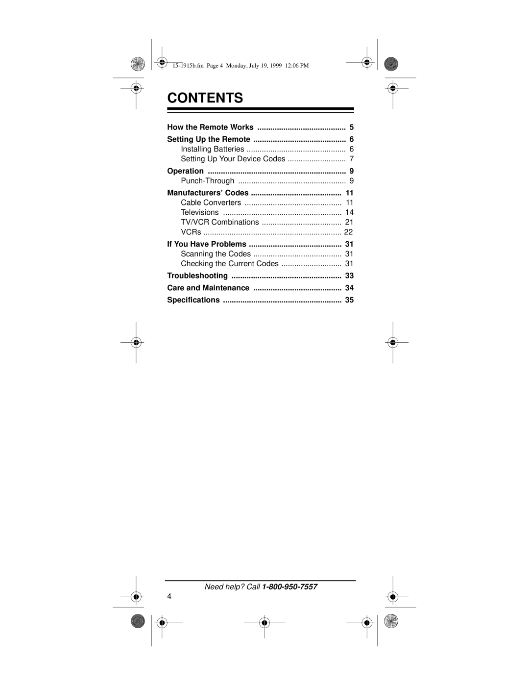 Radio Shack 15-1915B owner manual Contents 