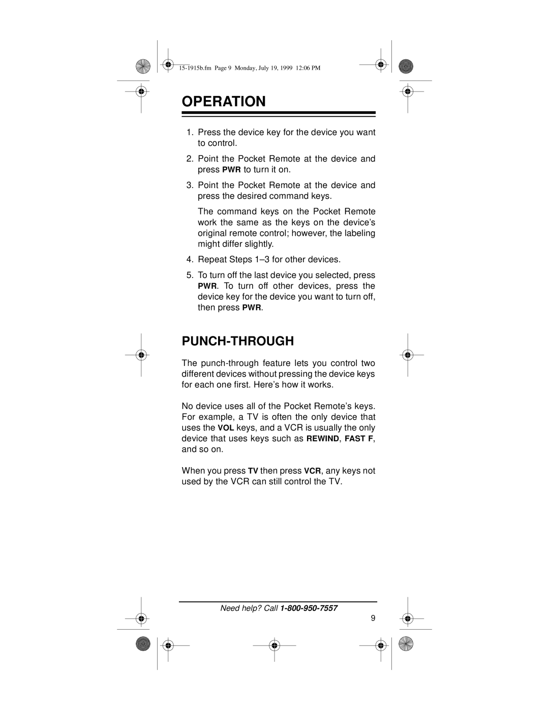 Radio Shack 15-1915B owner manual Operation, Punch-Through 