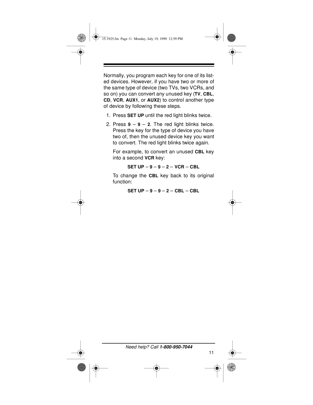 Radio Shack 15-1925 owner manual SET UP 9 9 2 VCR CBL, SET UP 9 9 2 CBL CBL 