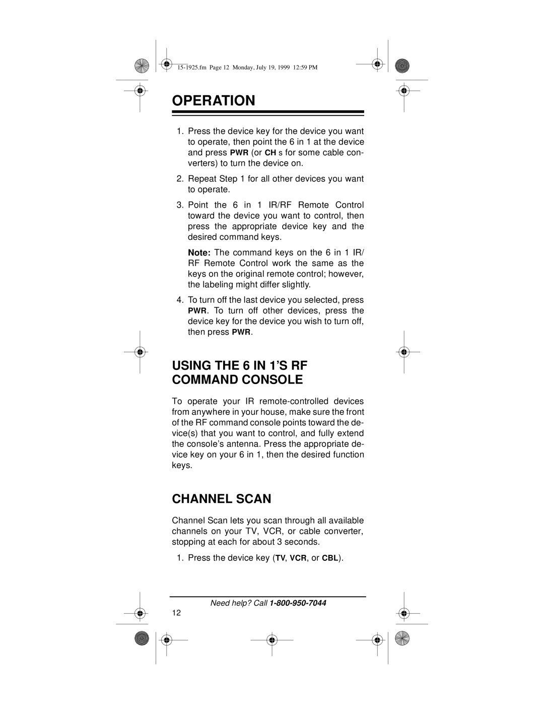 Radio Shack 15-1925 owner manual Operation, Using the 6 in 1’S RF Command Console, Channel Scan 