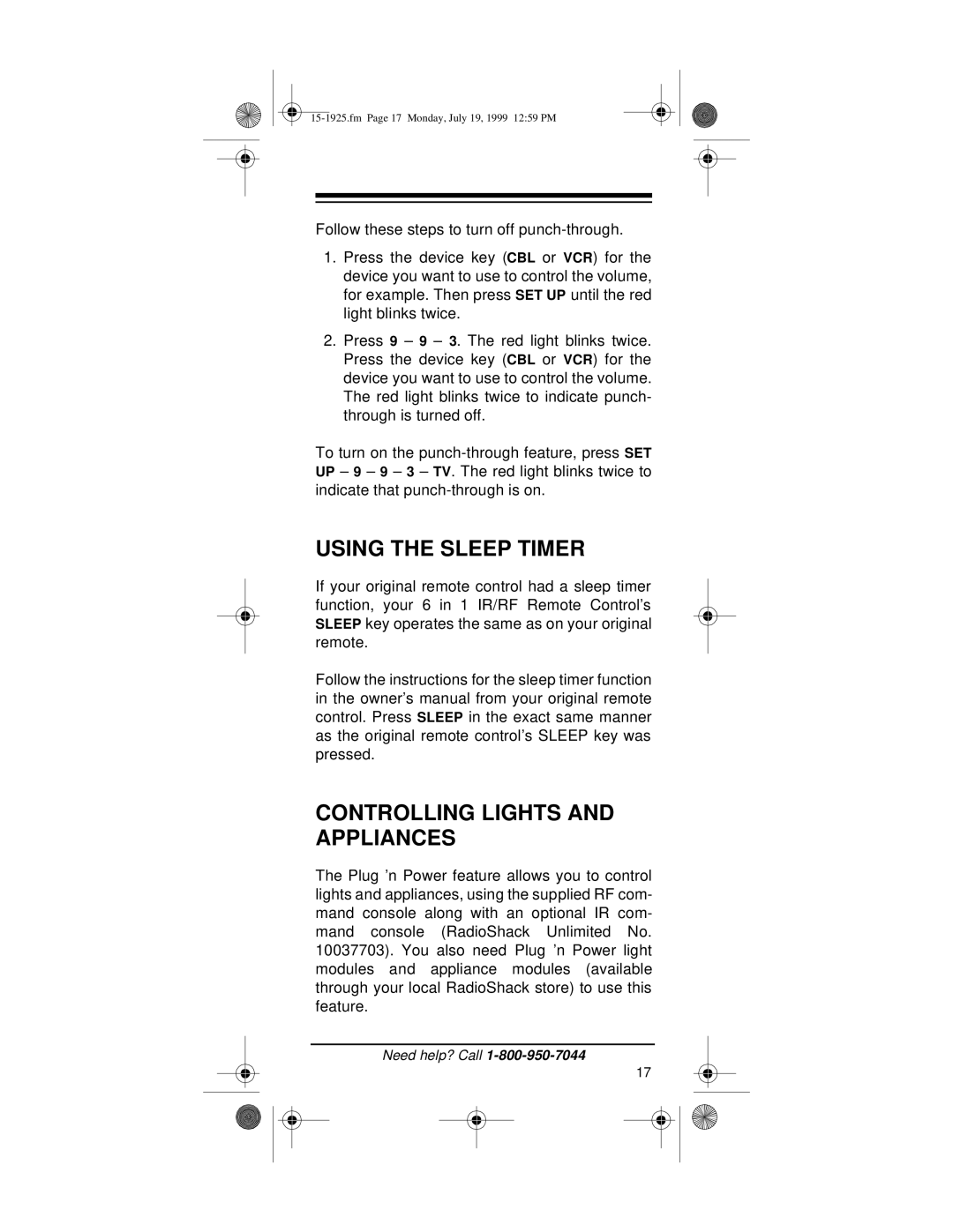 Radio Shack 15-1925 owner manual Using the Sleep Timer, Controlling Lights and Appliances 