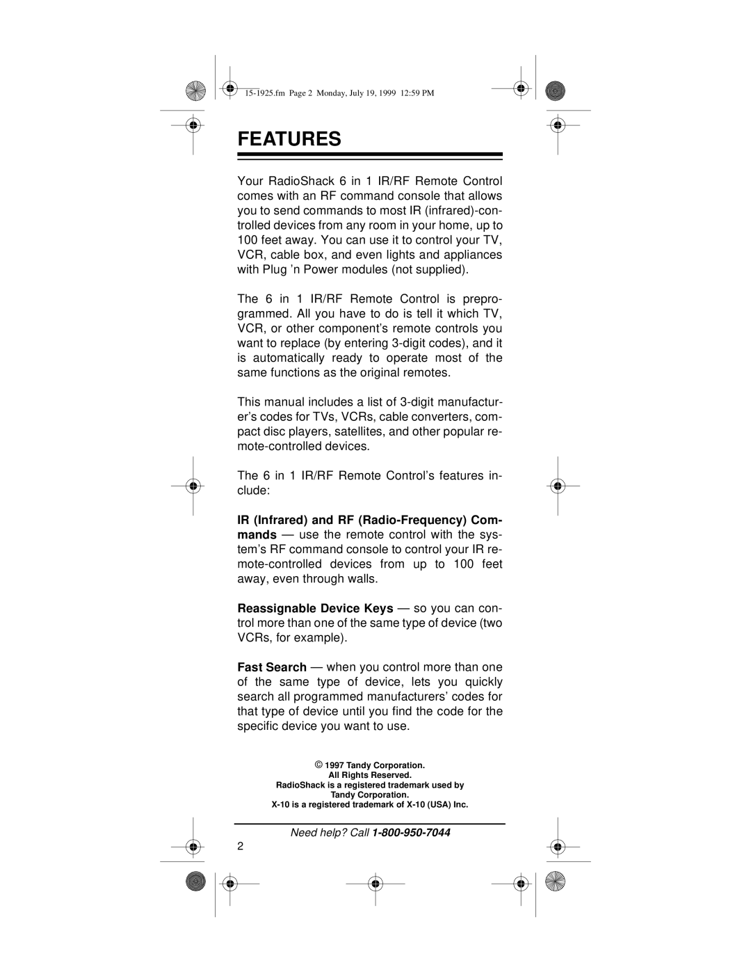 Radio Shack 15-1925 owner manual Features 