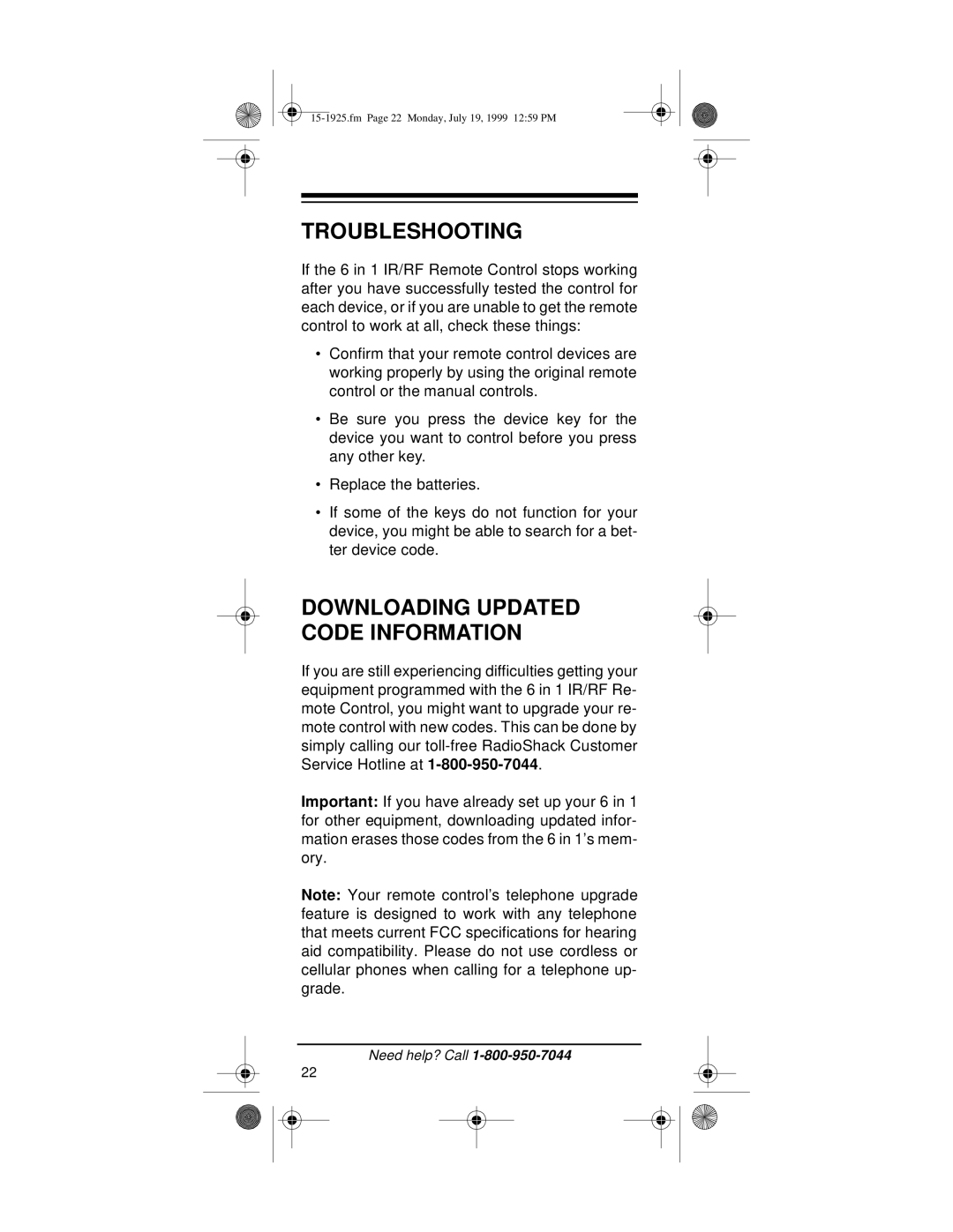 Radio Shack 15-1925 owner manual Troubleshooting, Downloading Updated Code Information 