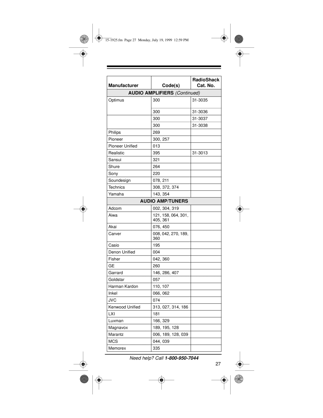 Radio Shack 15-1925 owner manual Manufacturer Codes Cat. No Audio Amplifiers, Audio AMP/TUNERS, Jvc, Lxi, Mcs 