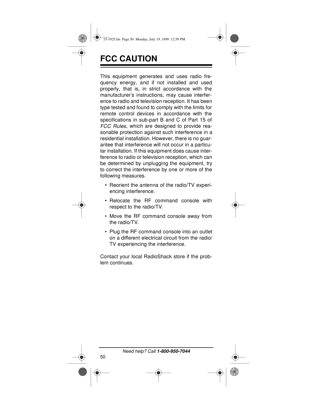 Radio Shack 15-1925 owner manual FCC Caution 