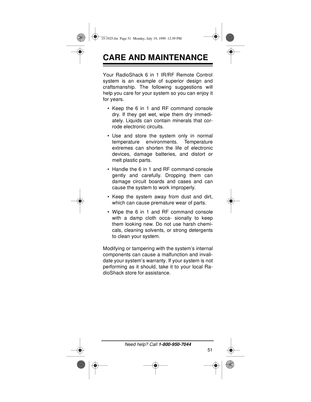 Radio Shack 15-1925 owner manual Care and Maintenance 