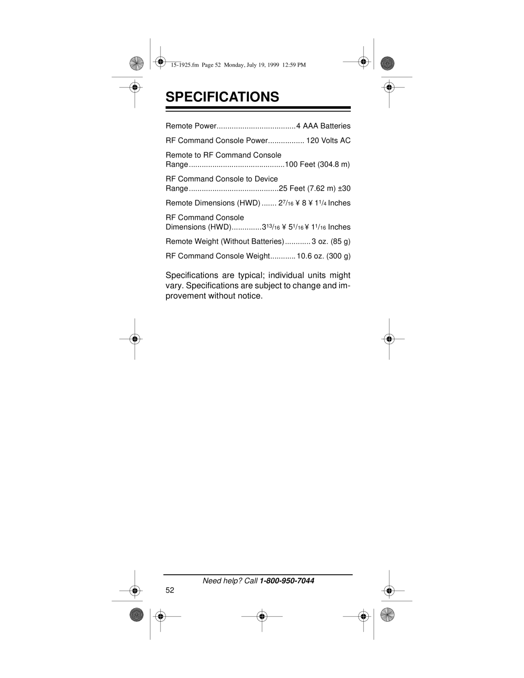 Radio Shack 15-1925 owner manual Specifications 