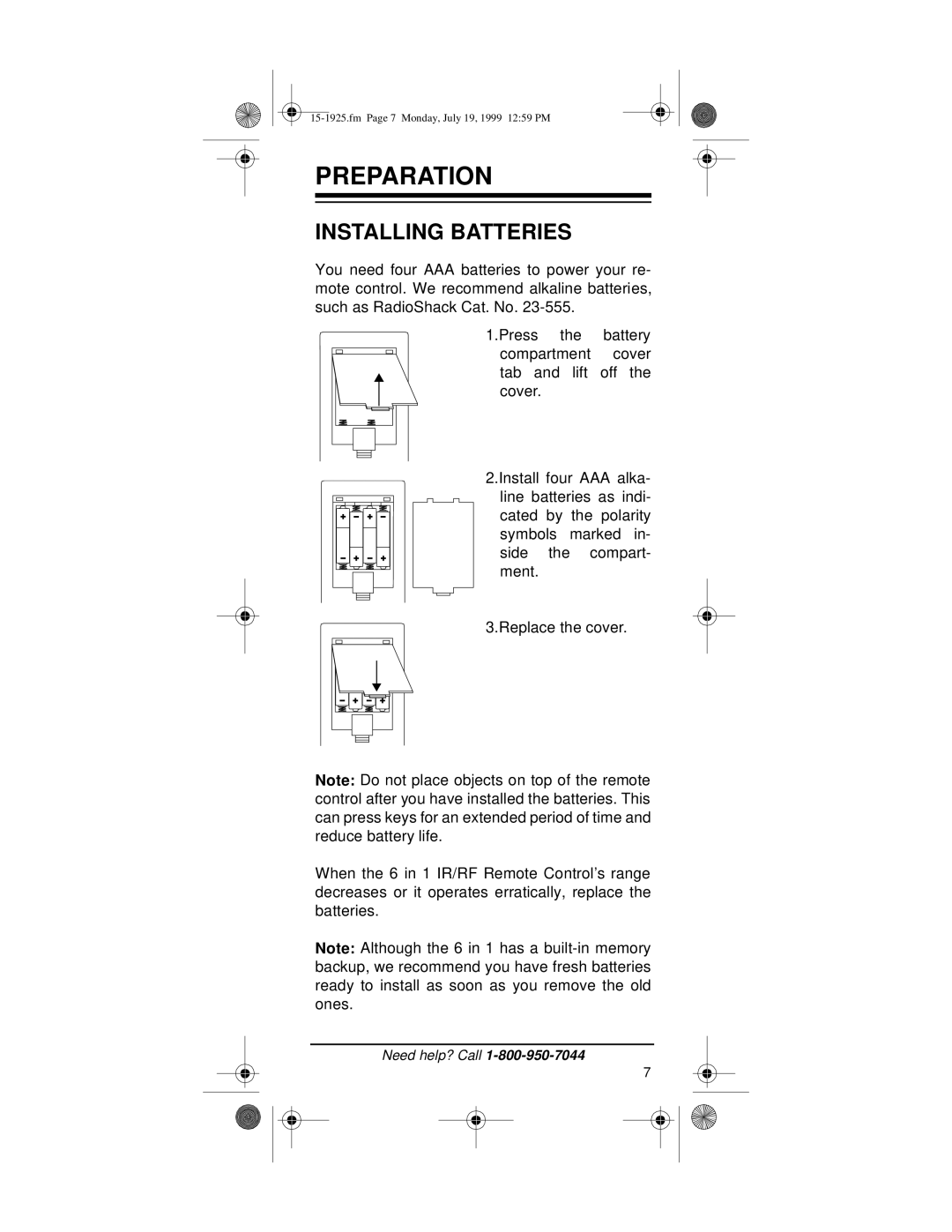 Radio Shack 15-1925 owner manual Preparation, Installing Batteries 