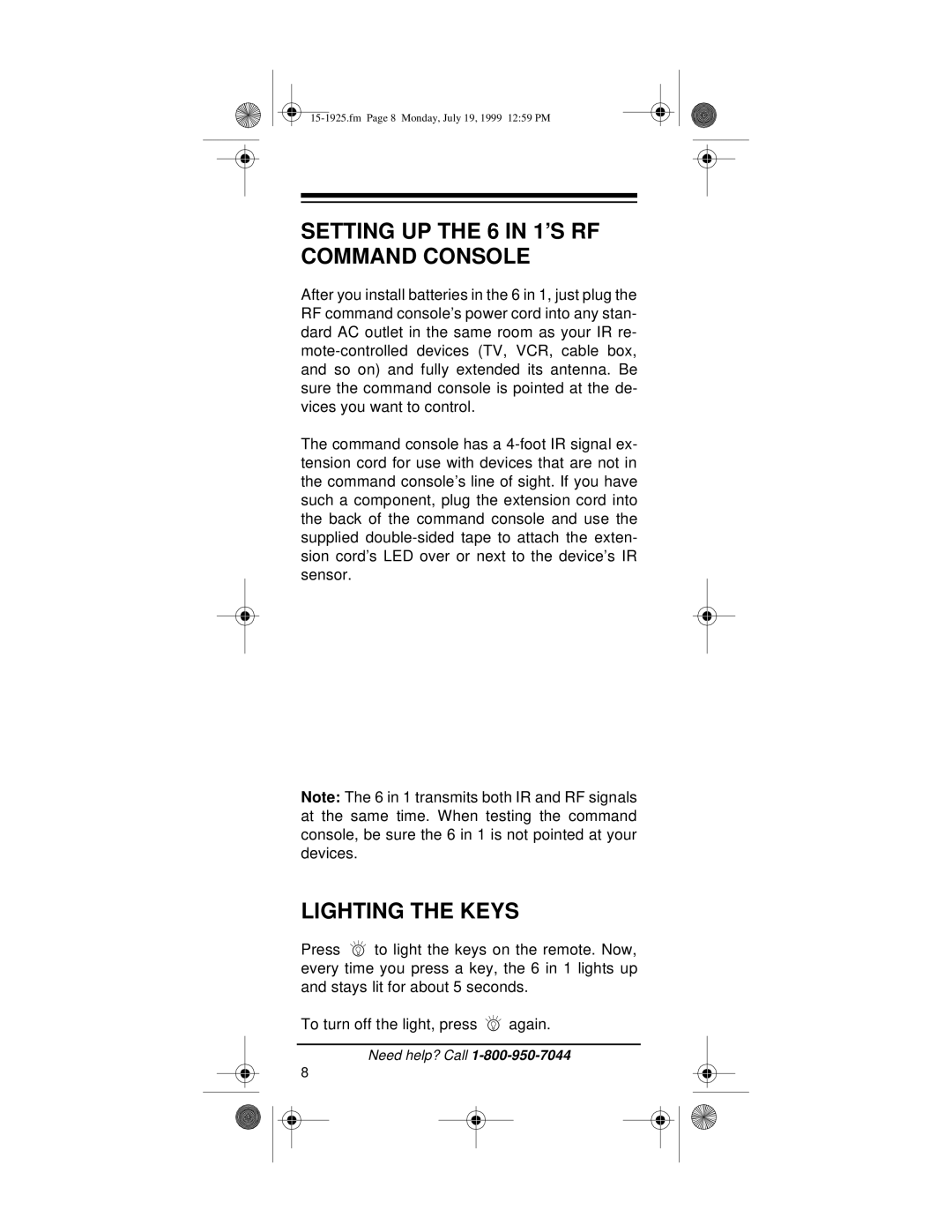 Radio Shack 15-1925 owner manual Setting UP the 6 in 1’S RF Command Console, Lighting the Keys 