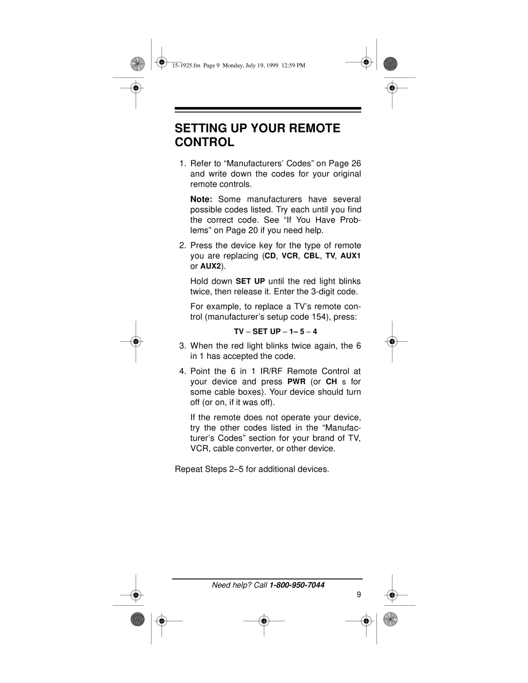 Radio Shack 15-1925 owner manual Setting UP Your Remote Control, TV SET UP 1- 5 