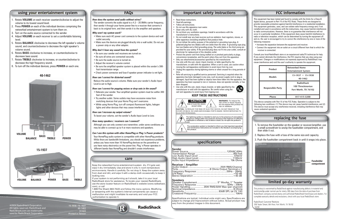 Radio Shack 15-1937, 15-1938, 40-1462 manual Sender, Receiver / Ampliﬁer, Speakers 
