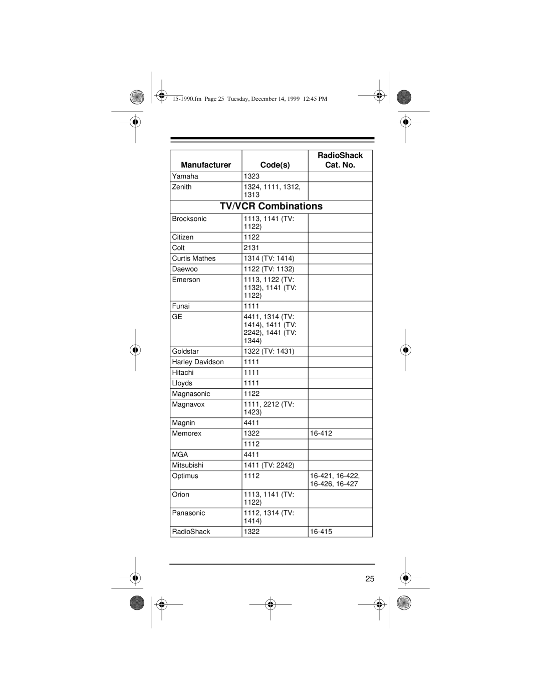 Radio Shack 15-1990 owner manual TV/VCR Combinations, Mga 