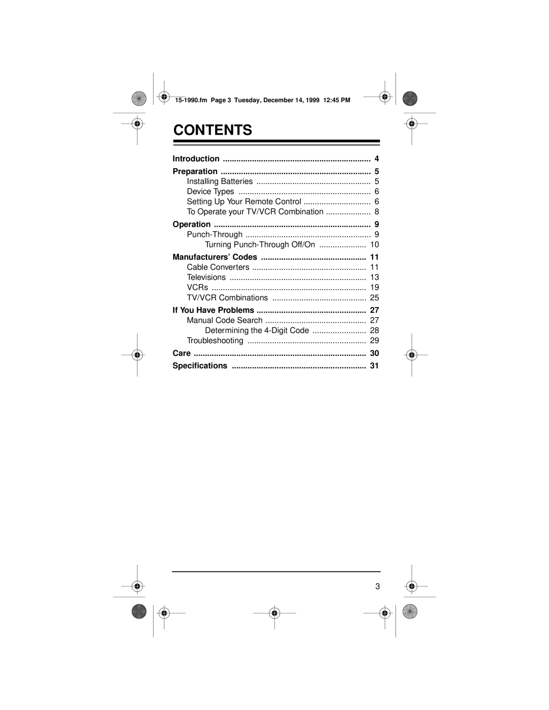 Radio Shack 15-1990 owner manual Contents 