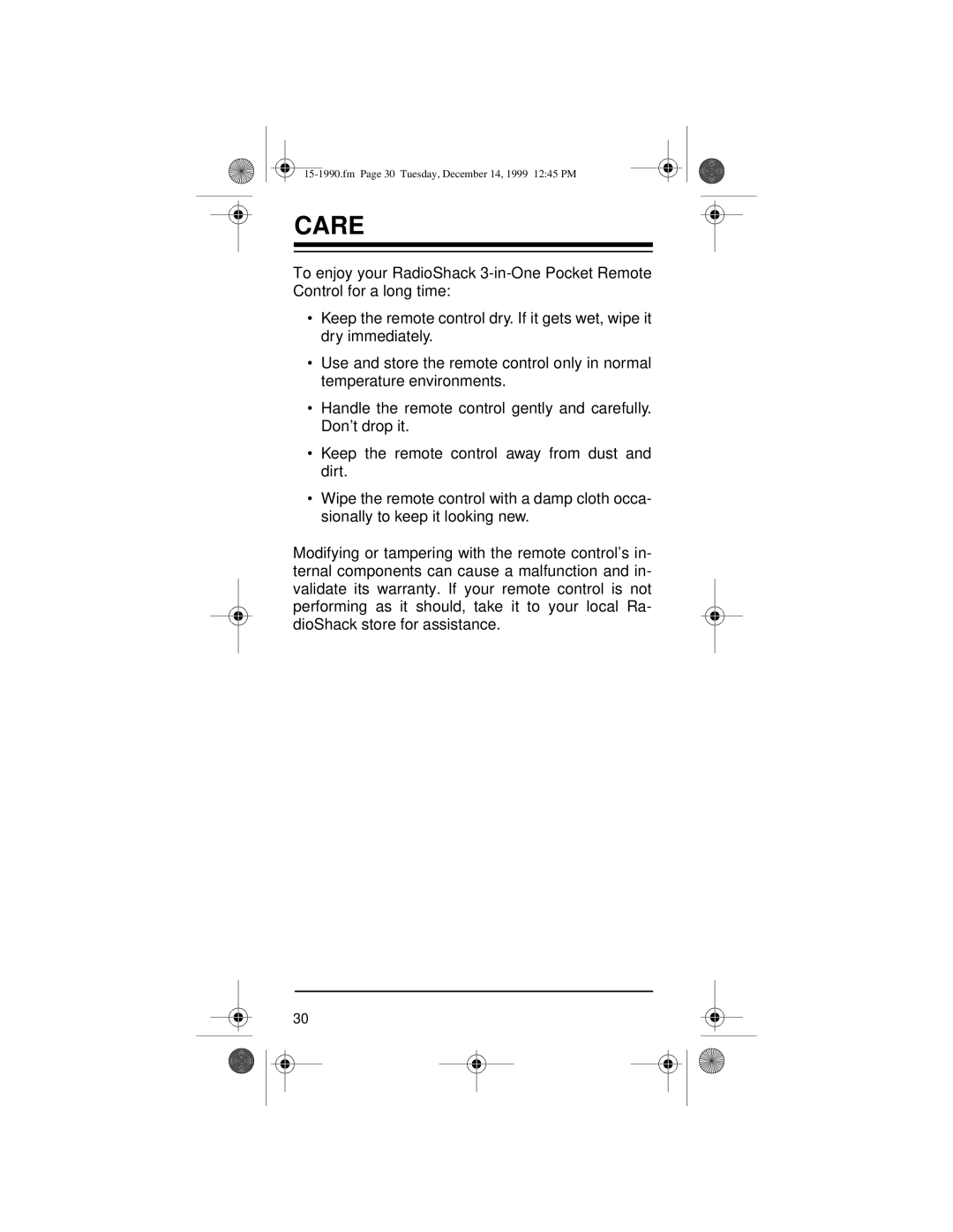 Radio Shack 15-1990 owner manual Care 