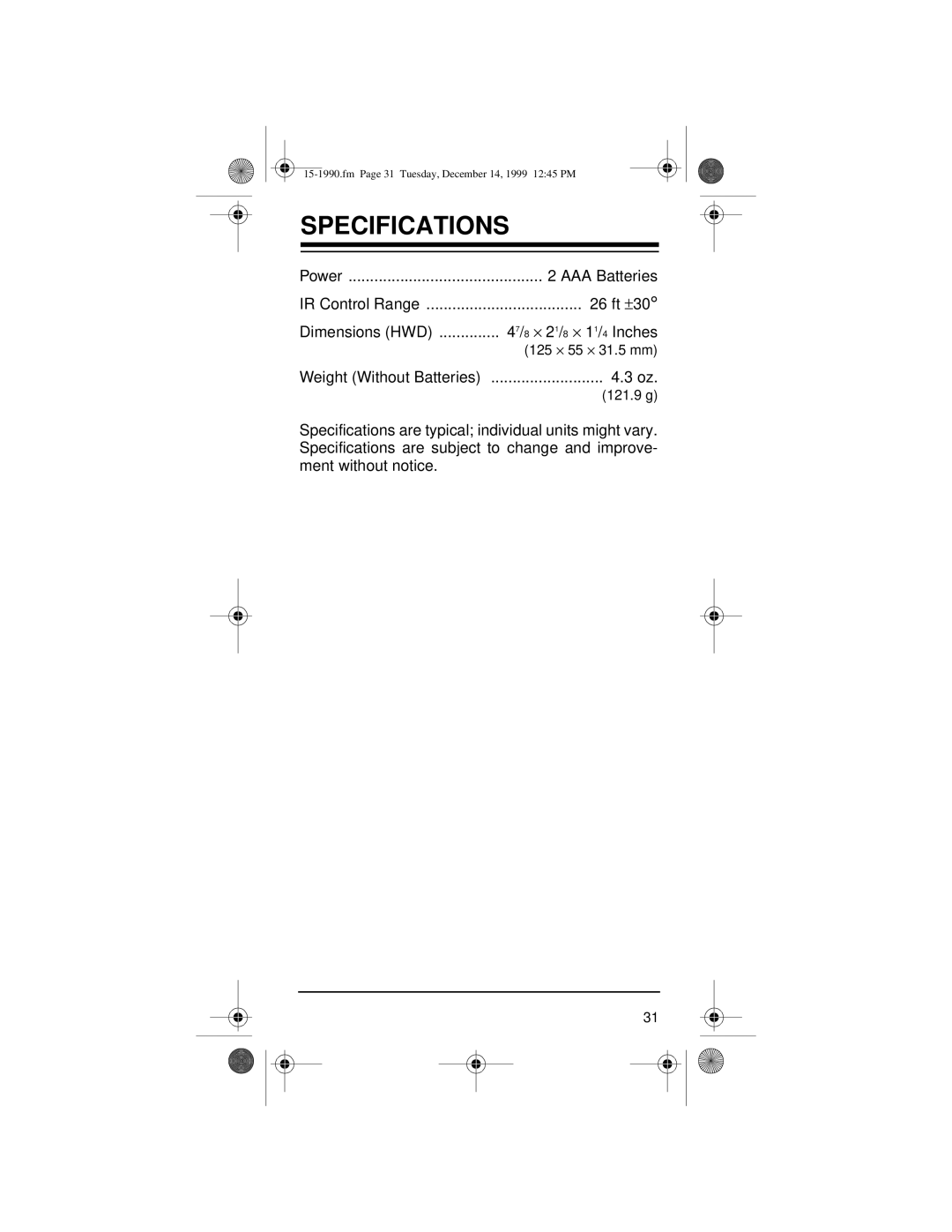 Radio Shack 15-1990 owner manual Specifications 