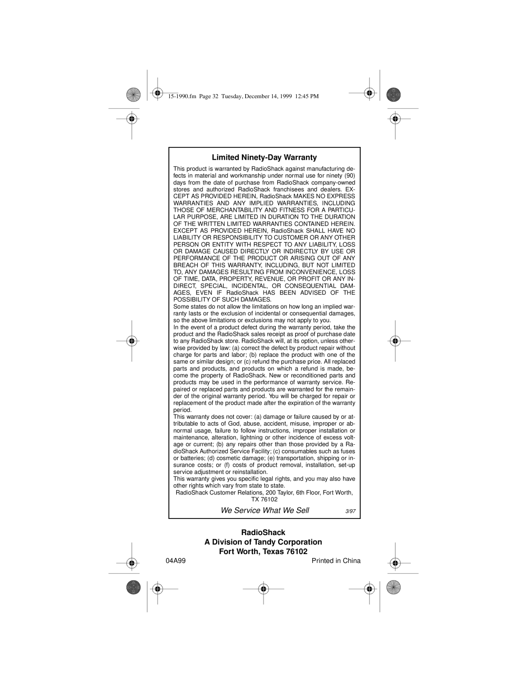 Radio Shack 15-1990 owner manual RadioShack Division of Tandy Corporation 