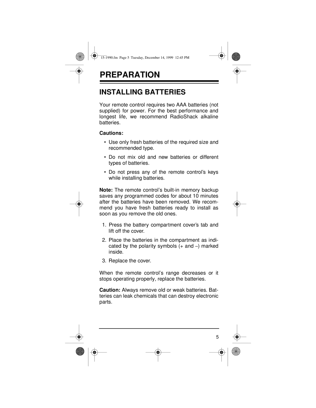 Radio Shack 15-1990 owner manual Preparation, Installing Batteries 