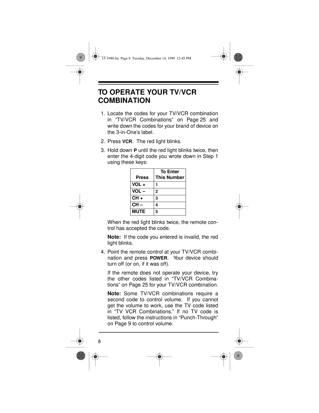 Radio Shack 15-1990 owner manual To Operate Your TV/VCR Combination 