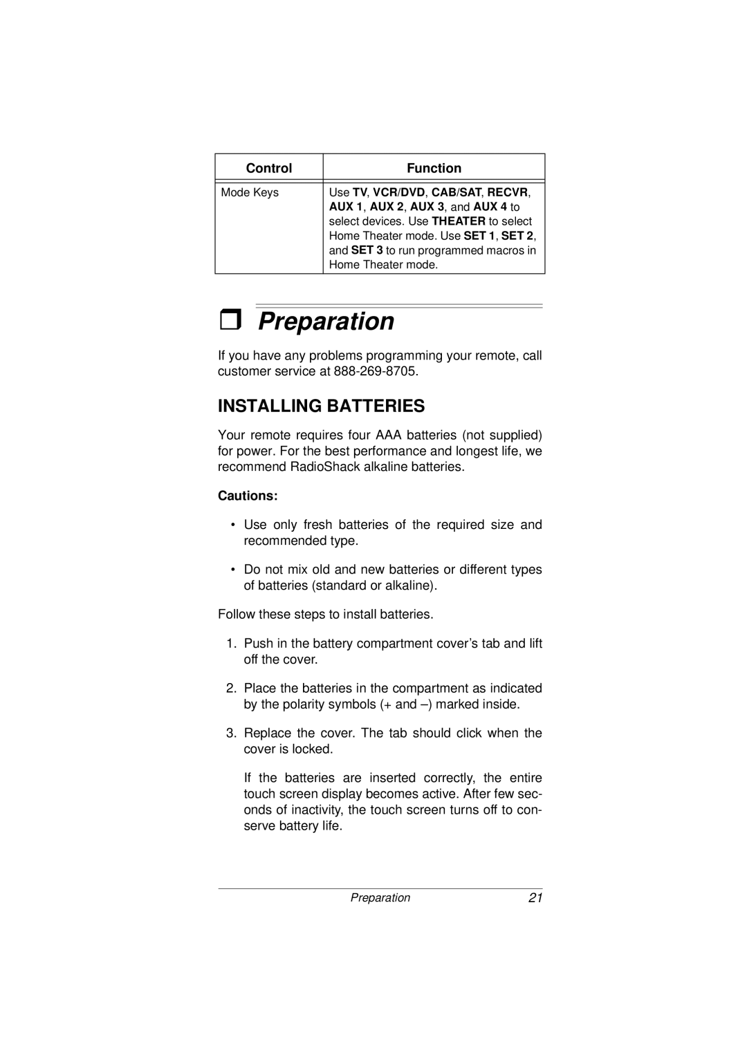 Radio Shack 15-2107 owner manual Preparation, Installing Batteries 