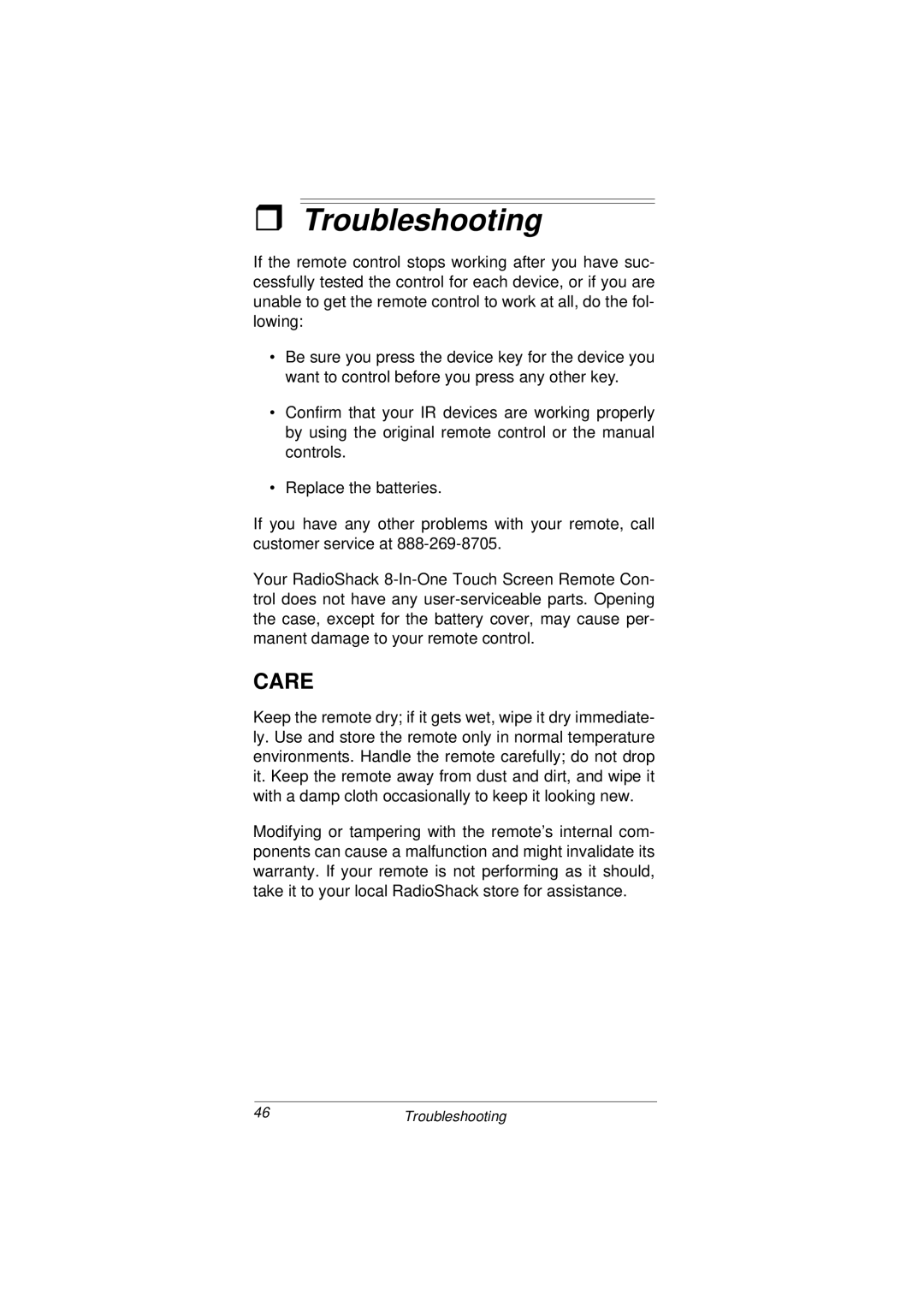 Radio Shack 15-2107 owner manual Troubleshooting, Care 