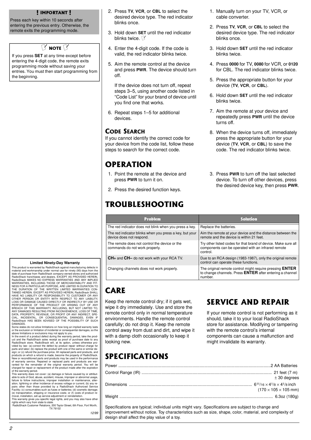 Radio Shack 15-2125 owner manual 124#6+10, 6417$.5*116+0, 548+%#0&42#+4, 52%++%#6+105, 2TQDNGO 5QNWVKQP 