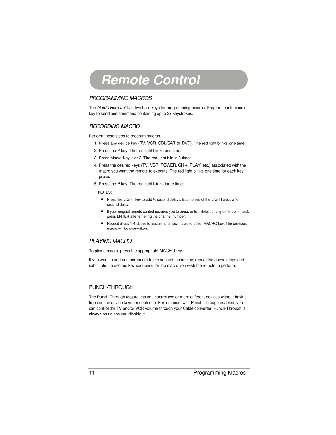 Radio Shack 15-2130 owner manual Programming Macros, Recording Macro, Playing Macro, Punch-Through 