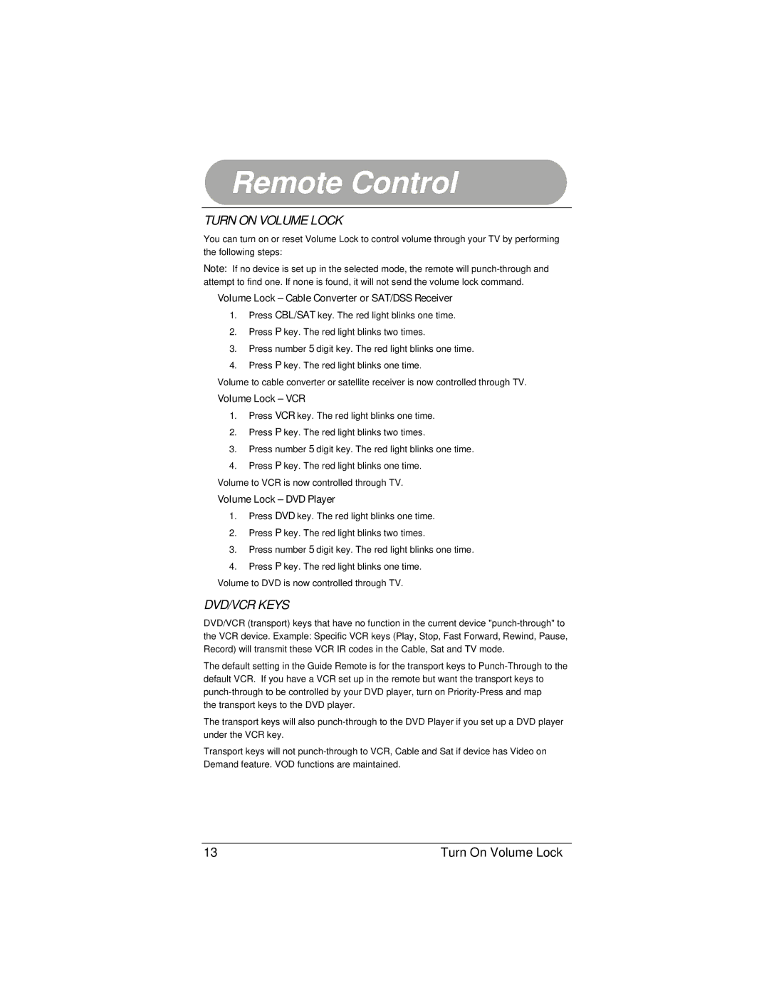 Radio Shack 15-2130 Turn on Volume Lock, DVD/VCR Keys, Volume Lock Cable Converter or SAT/DSS Receiver, Volume Lock VCR 