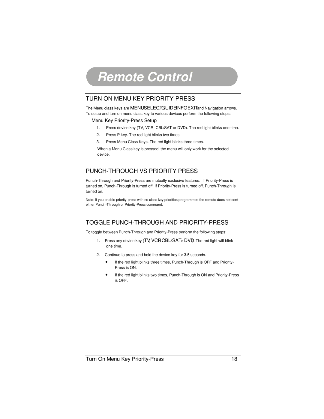 Radio Shack 15-2130 Turn on Menu KEY PRIORITY-PRESS, PUNCH-THROUGH VS Priority Press, Menu Key Priority-Press Setup 