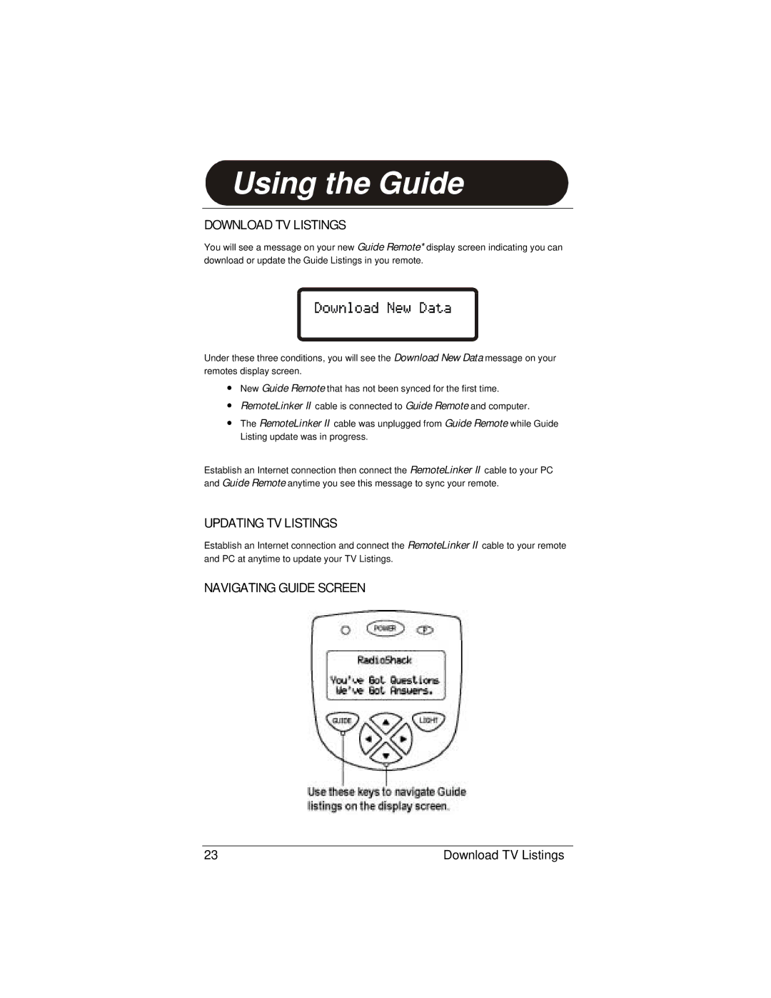 Radio Shack 15-2130 owner manual Using the Guide, Download TV Listings, Updating TV Listings, Navigating Guide Screen 