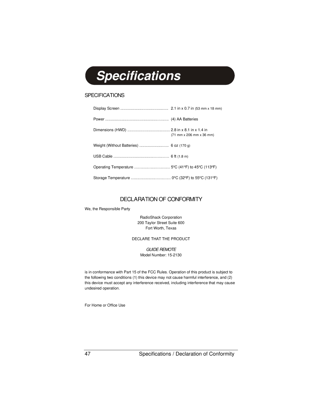 Radio Shack 15-2130 owner manual Specifications 