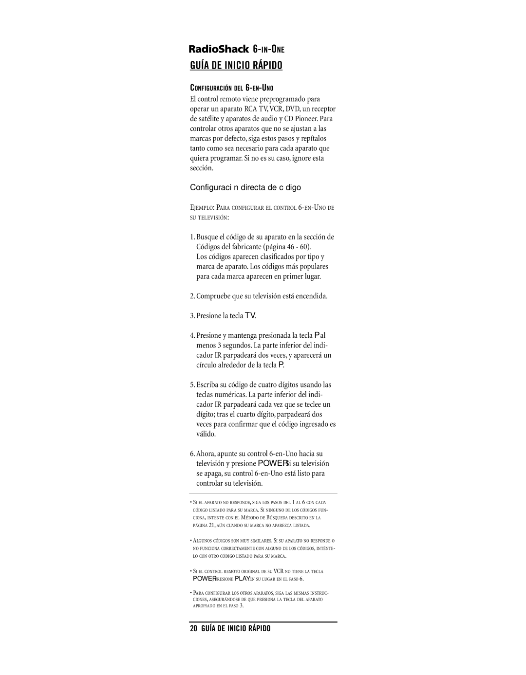 Radio Shack 15-2133 owner manual Configuración directa de código 