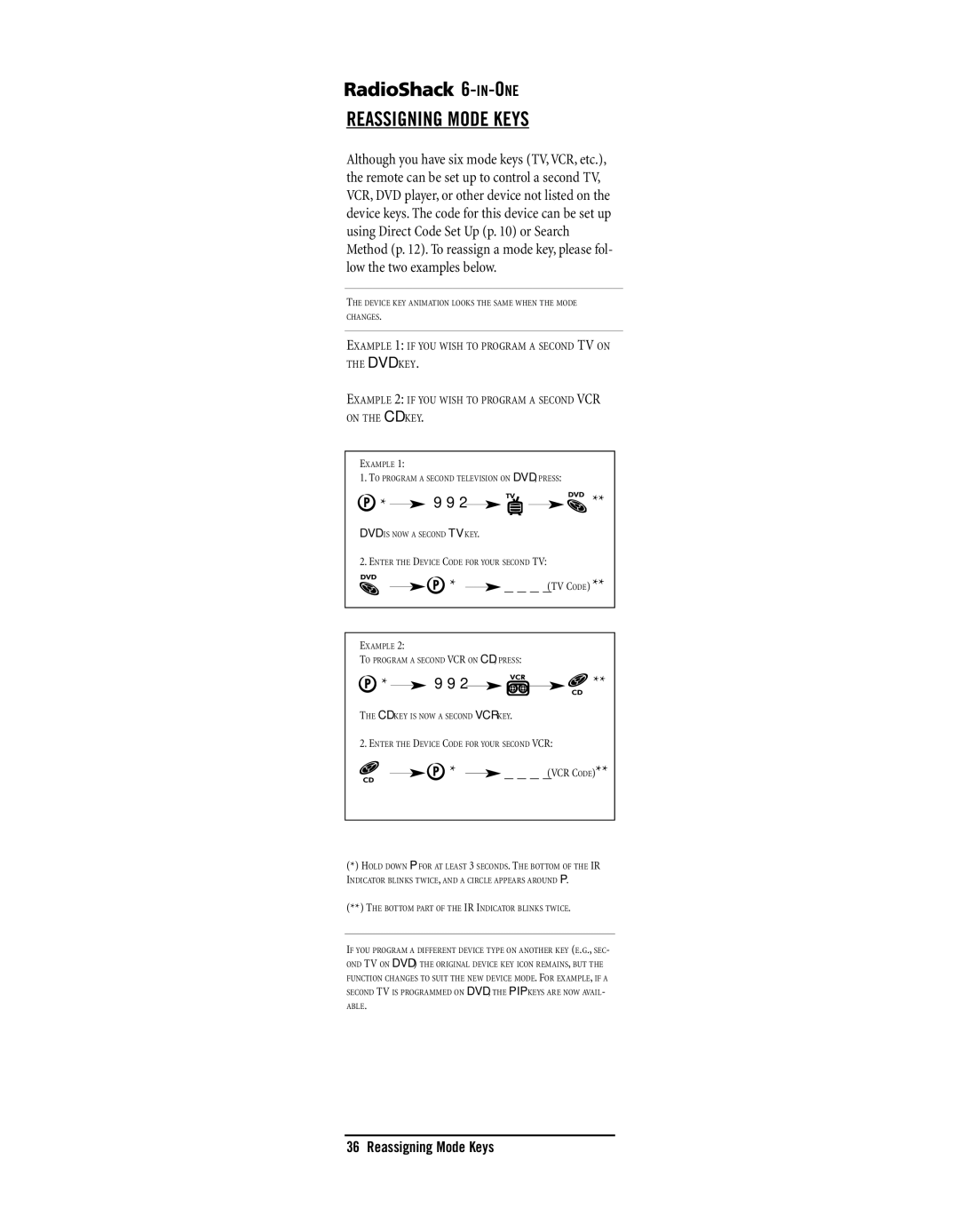 Radio Shack 15-2133 owner manual Reassigning Mode Keys, TV Code 