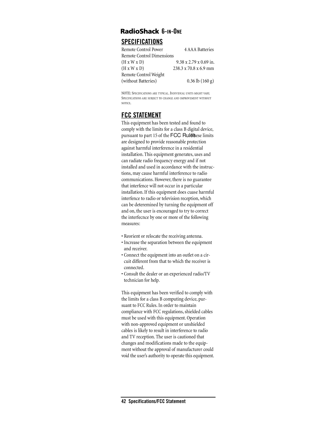 Radio Shack 15-2133 owner manual Specifications, FCC Statement 