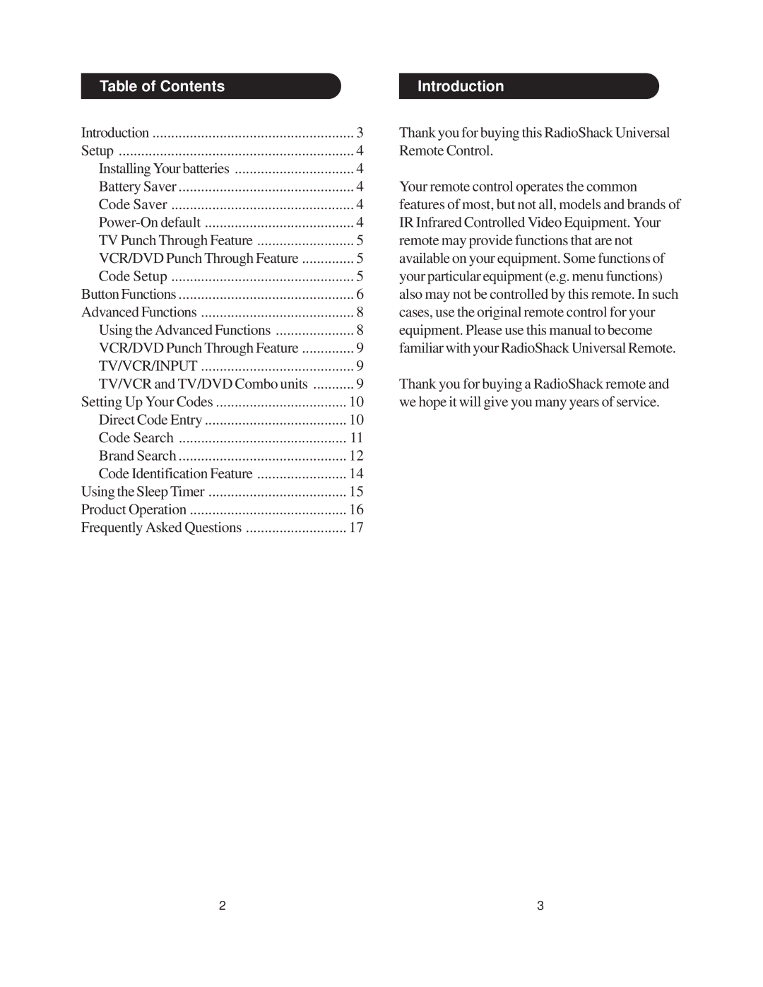 Radio Shack 15-2143 manual Table of Contents, Introduction 