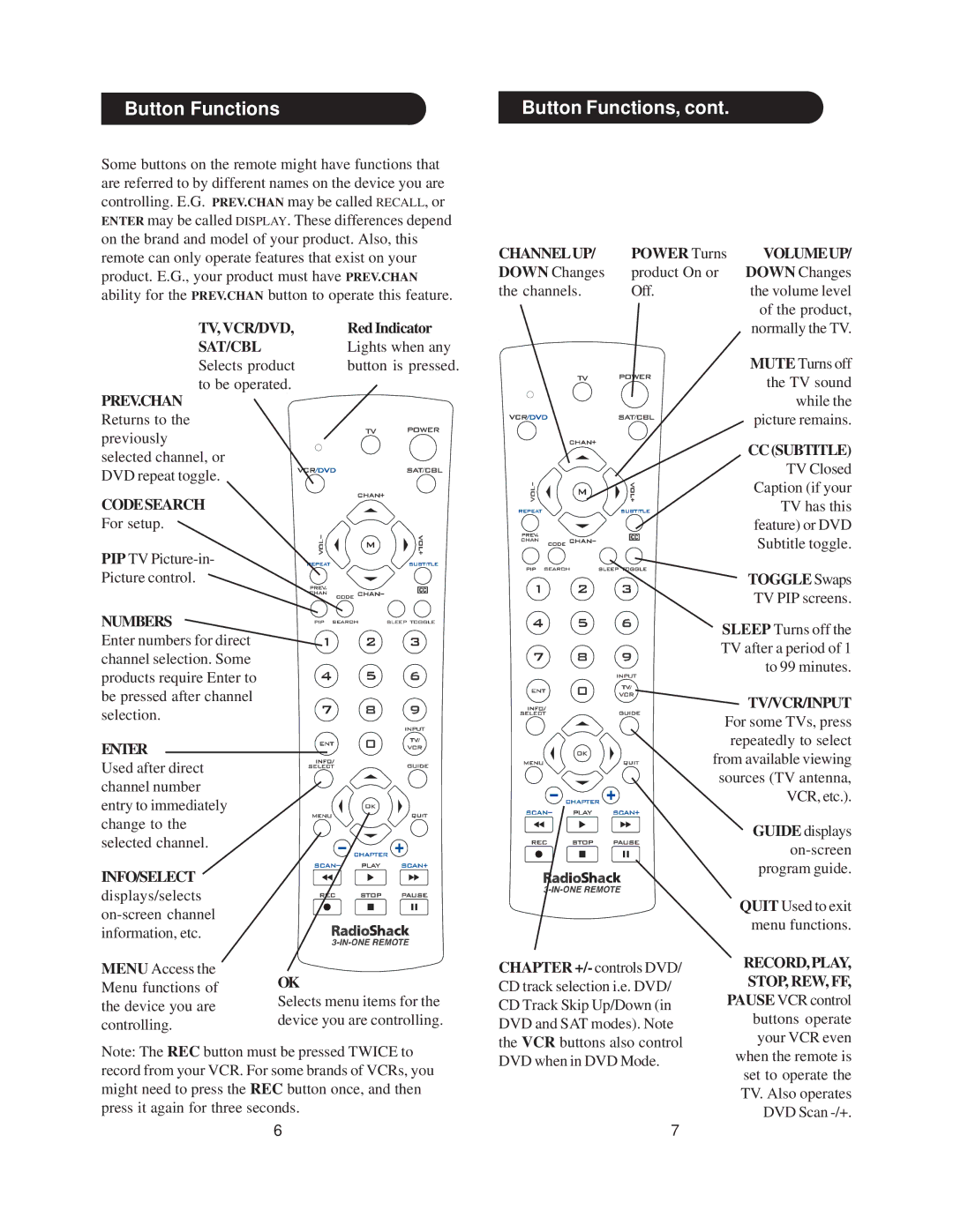 Radio Shack 15-2143 manual Button Functions 