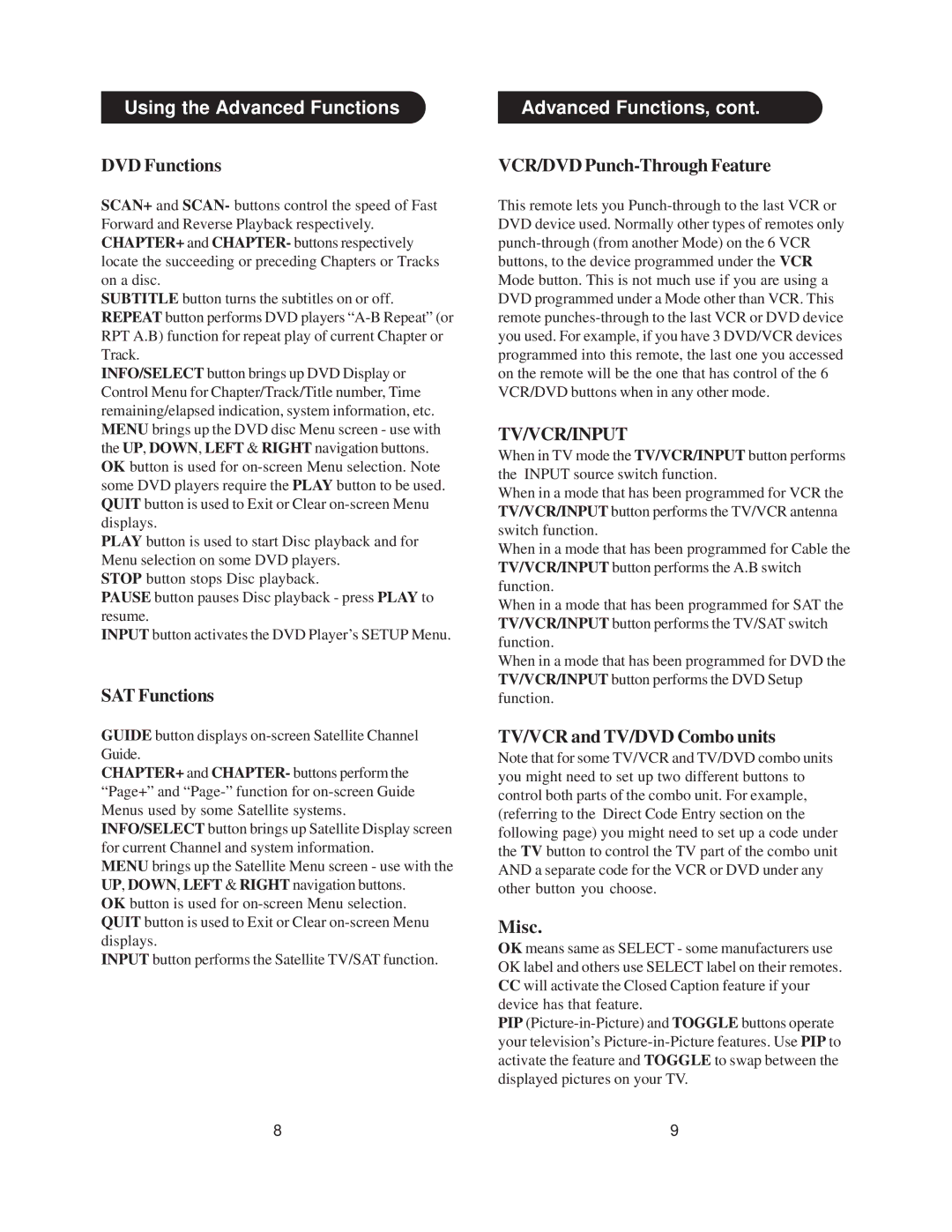 Radio Shack 15-2143 manual Using the Advanced Functions, DVD Functions, SAT Functions, TV/VCR and TV/DVD Combo units Misc 