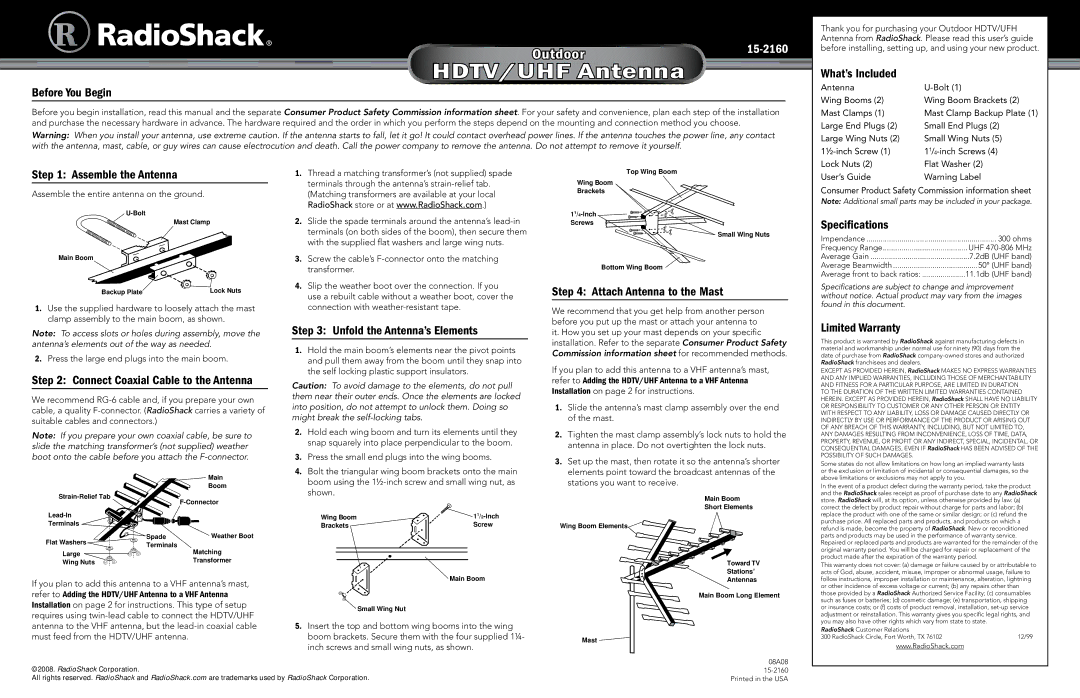 Radio Shack 15-2160 specifications Before You Begin, What’s Included, Assemble the Antenna, Unfold the Antenna’s Elements 