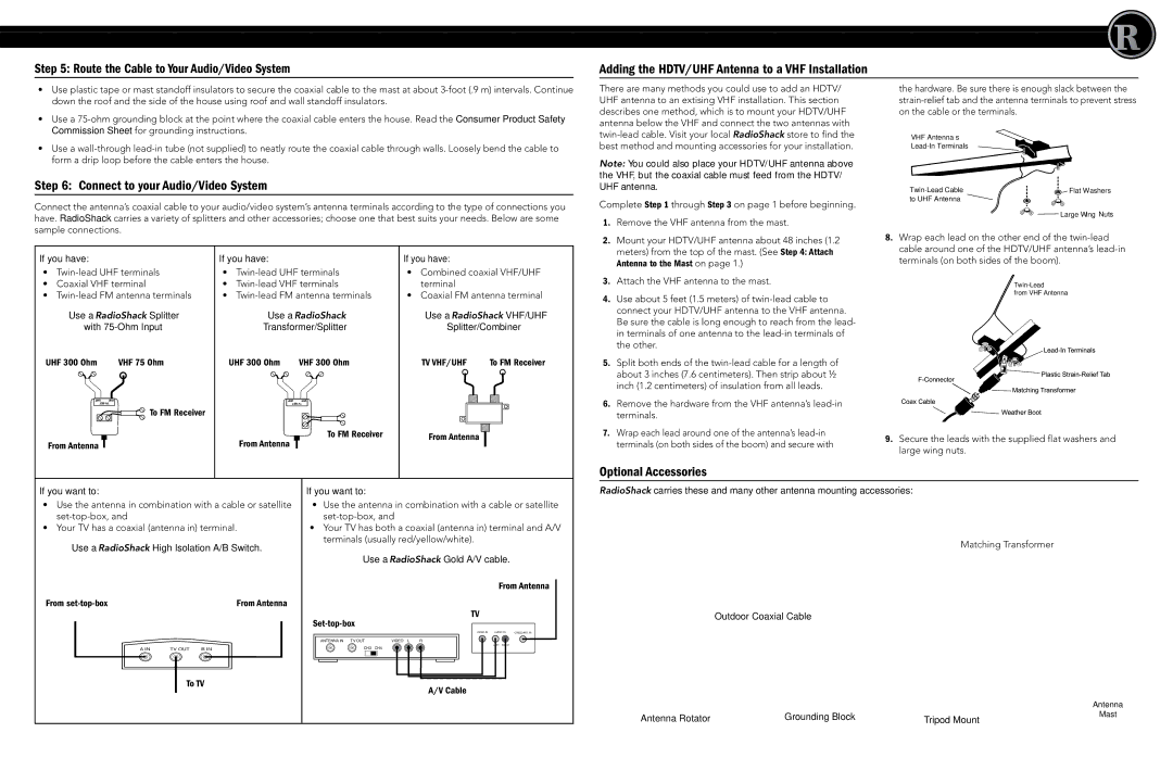 Radio Shack 15-2160 specifications Connect to your Audio/Video System, Optional Accessories 